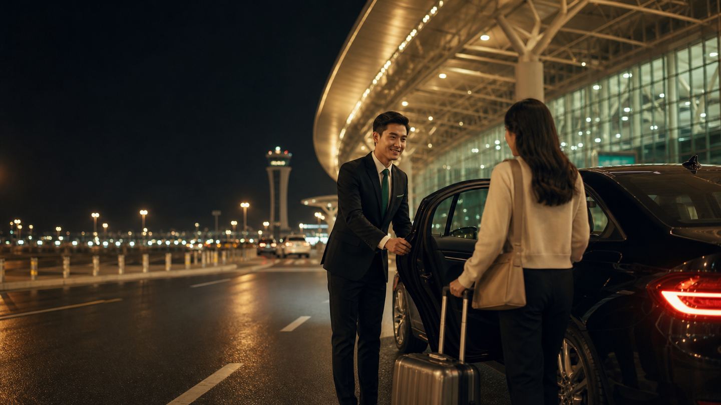 Tài xế mở cửa xe cho khách tại khu vực sân bay ban đêm